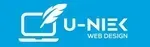Logo van U-Niek Web Design met een laptopicoon en een veer, tekst in wit op een blauwe achtergrond.