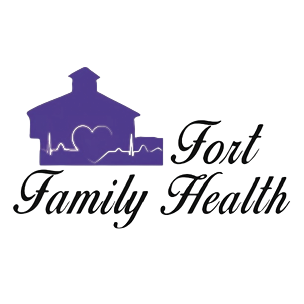 Purple house with heart and heartbeat line logo beside “Fort Family Health” text