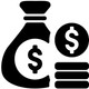 a black and white icon of a bag of money with a dollar sign on it .