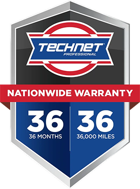 Technet Professional warranty badge.  36 months / 36,000 miles nationwide warranty. Blue, red, and white.