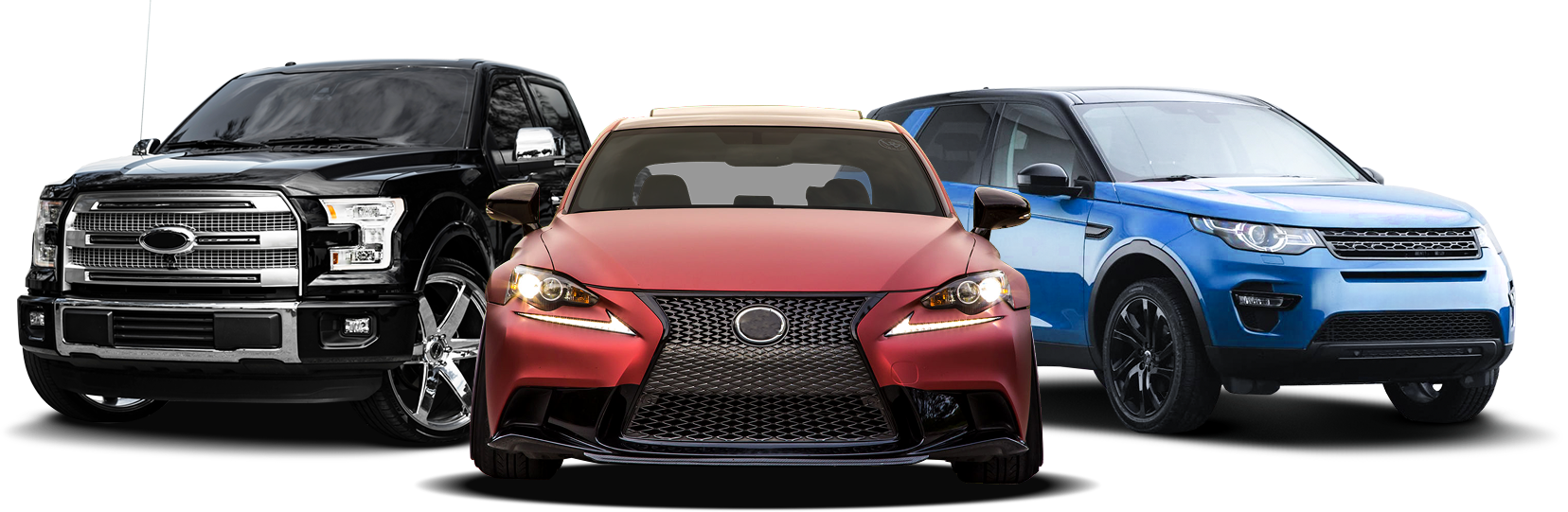 Three cars: a black pickup truck, a red sedan, and a blue SUV.