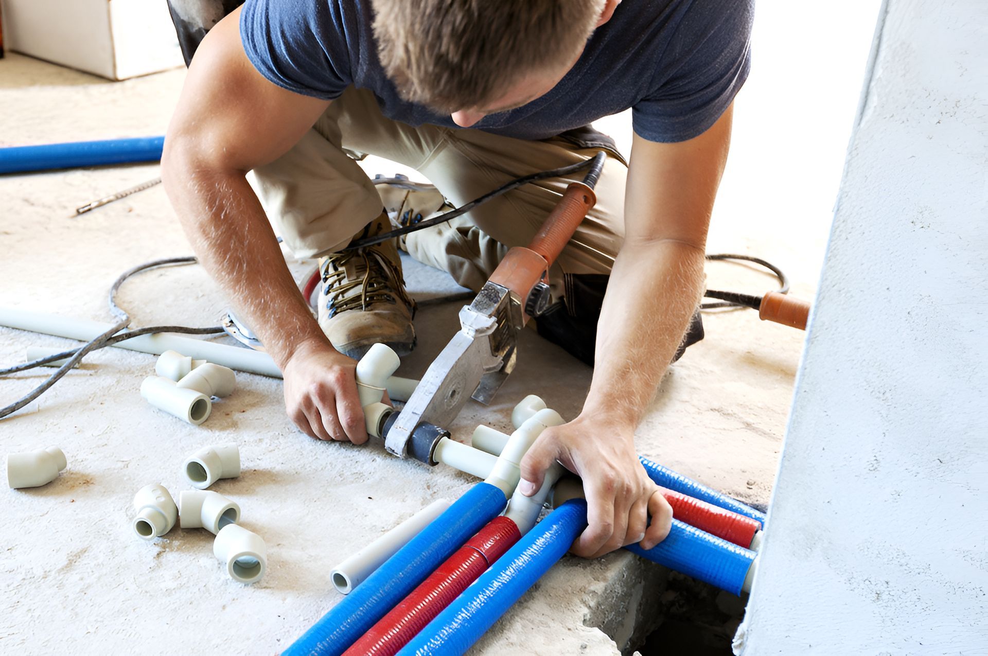 A Man is Kneeling on the Floor Working on Pipes — Mainline Plumbing & Civil Pty Ltd In Walgett, NSW