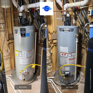 Before-and-after view of a water heater with a yellow-highlighted pipe connection in a utility room