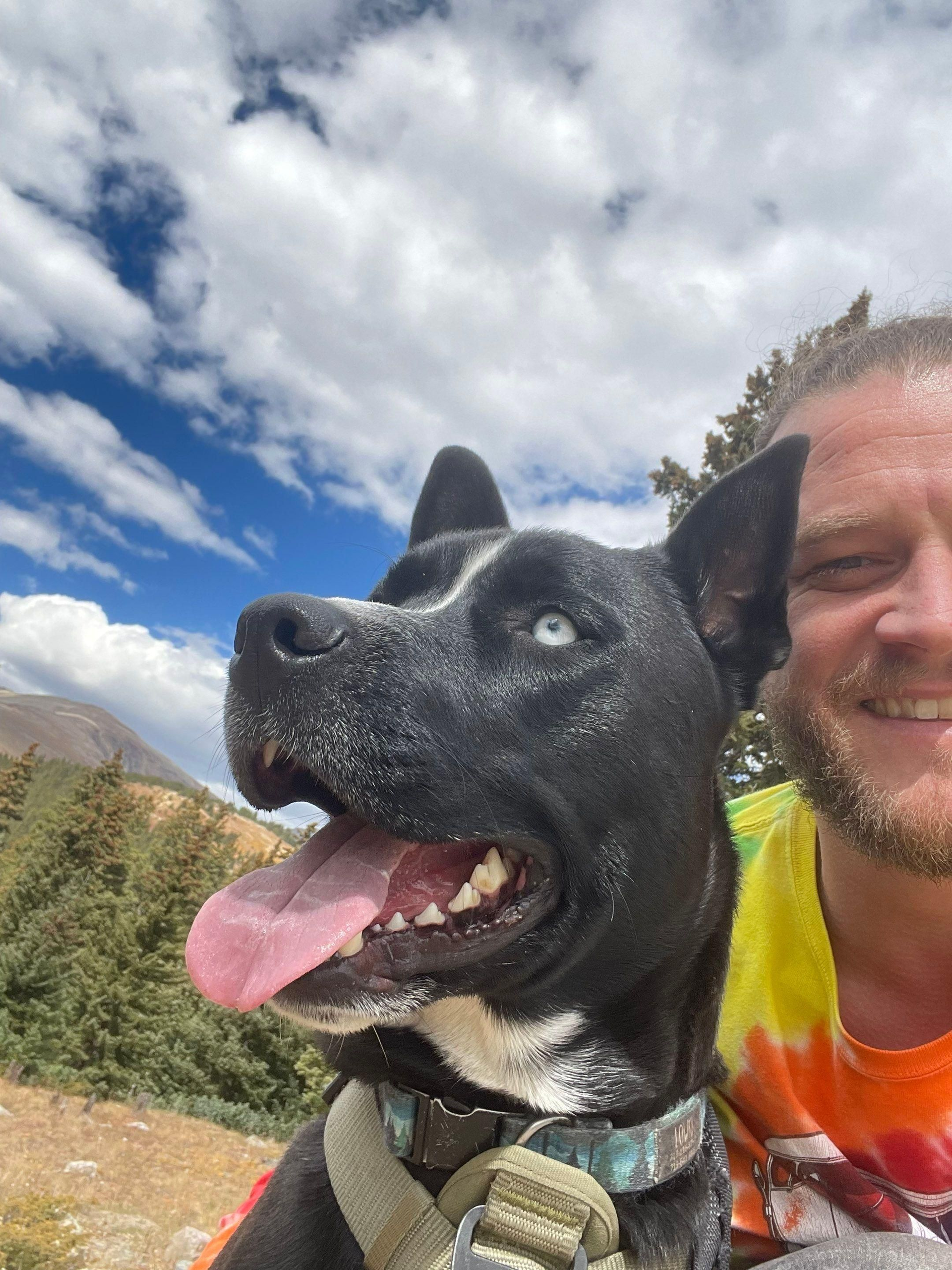Black dog with tongue out posing beside a smiling person under a cloudy blue sky