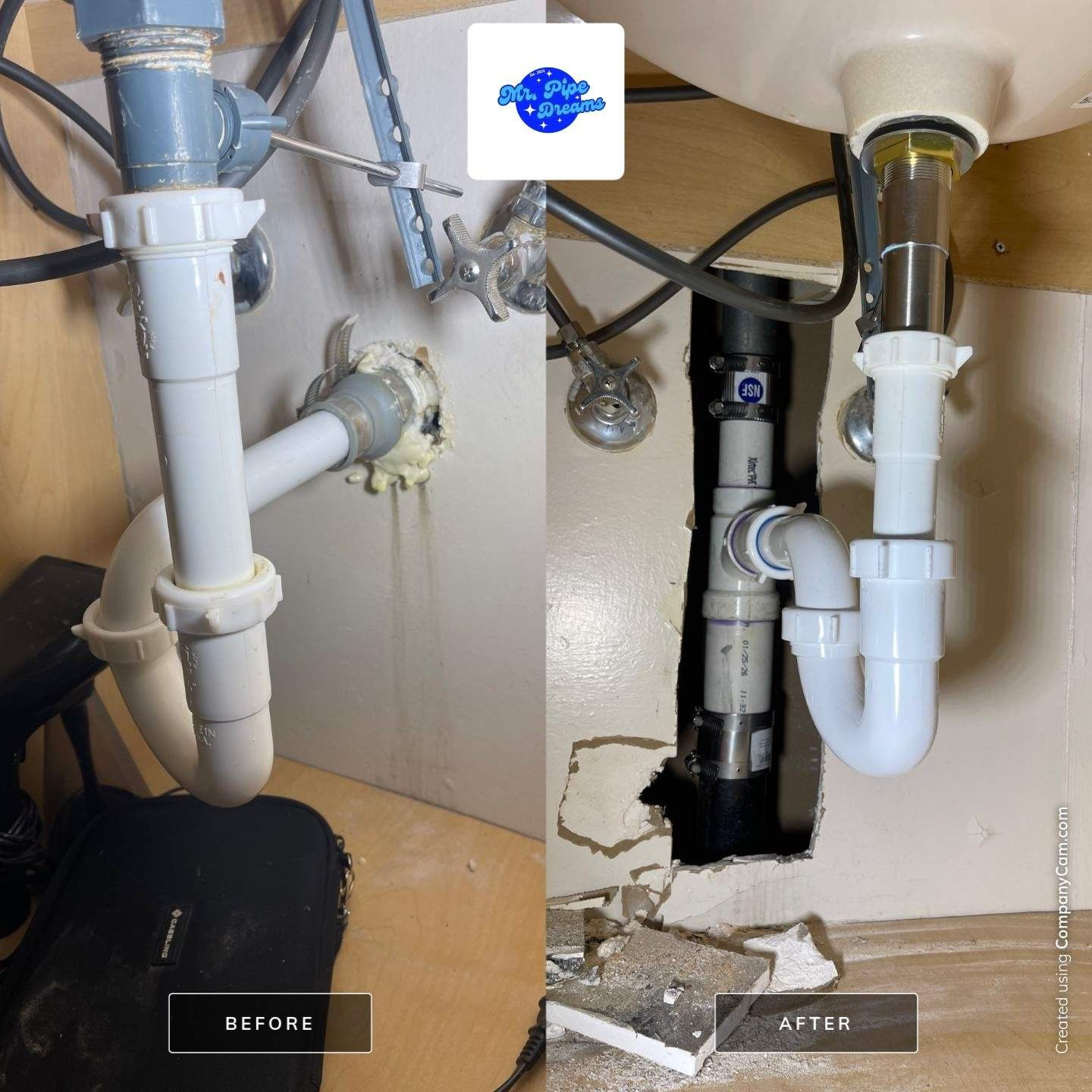 Under-sink plumbing with a black drainpipe marked before and a white PVC replacement marked after.