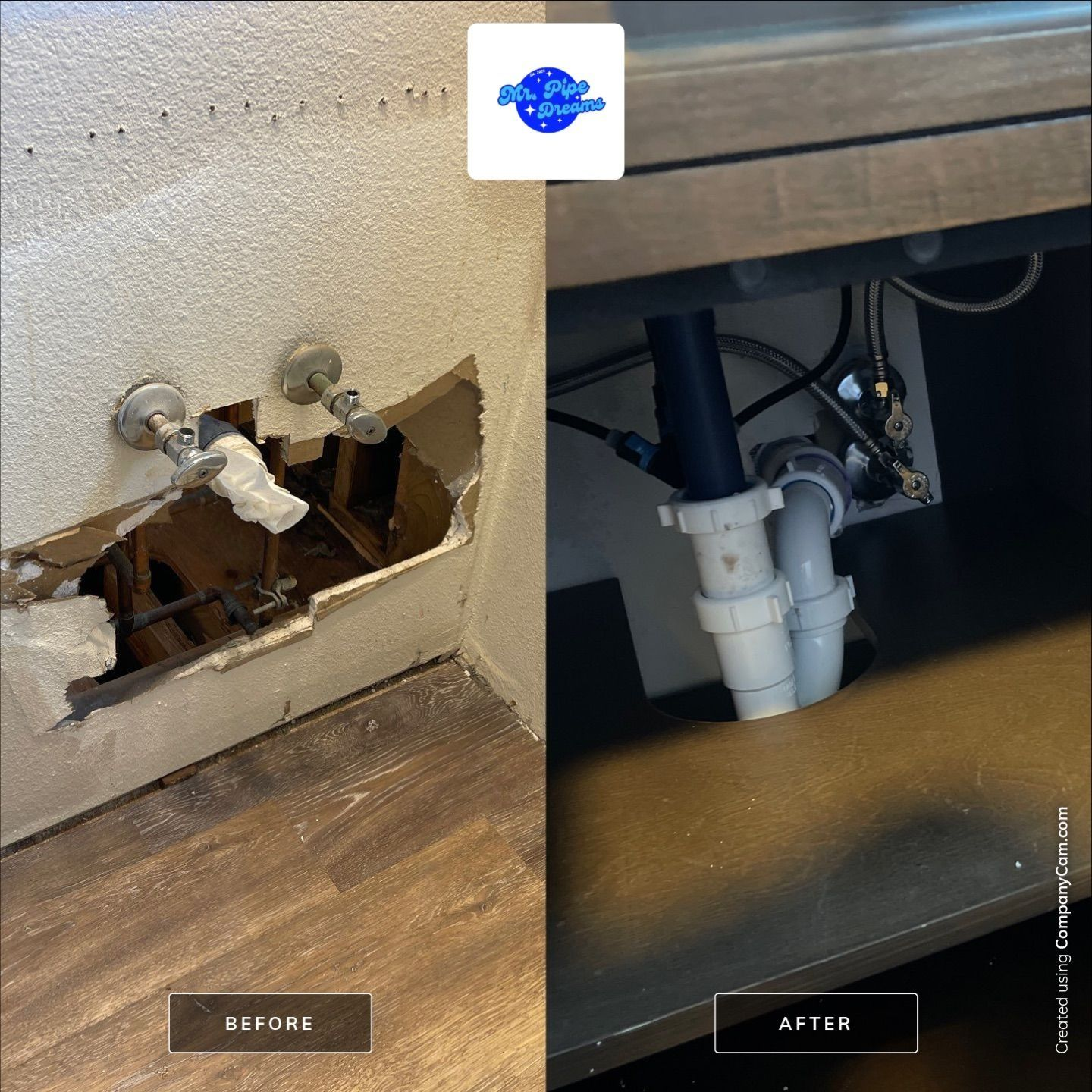 Before-and-after under-sink plumbing repair: exposed pipe hole on left, neat white PVC pipes on right