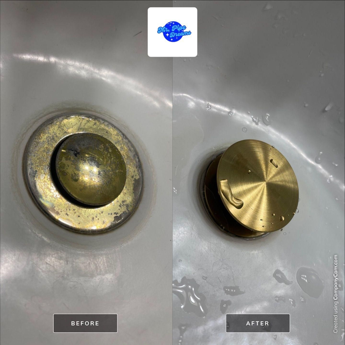 Side-by-side brass sink drain stopper before and after cleaning in a white sink.