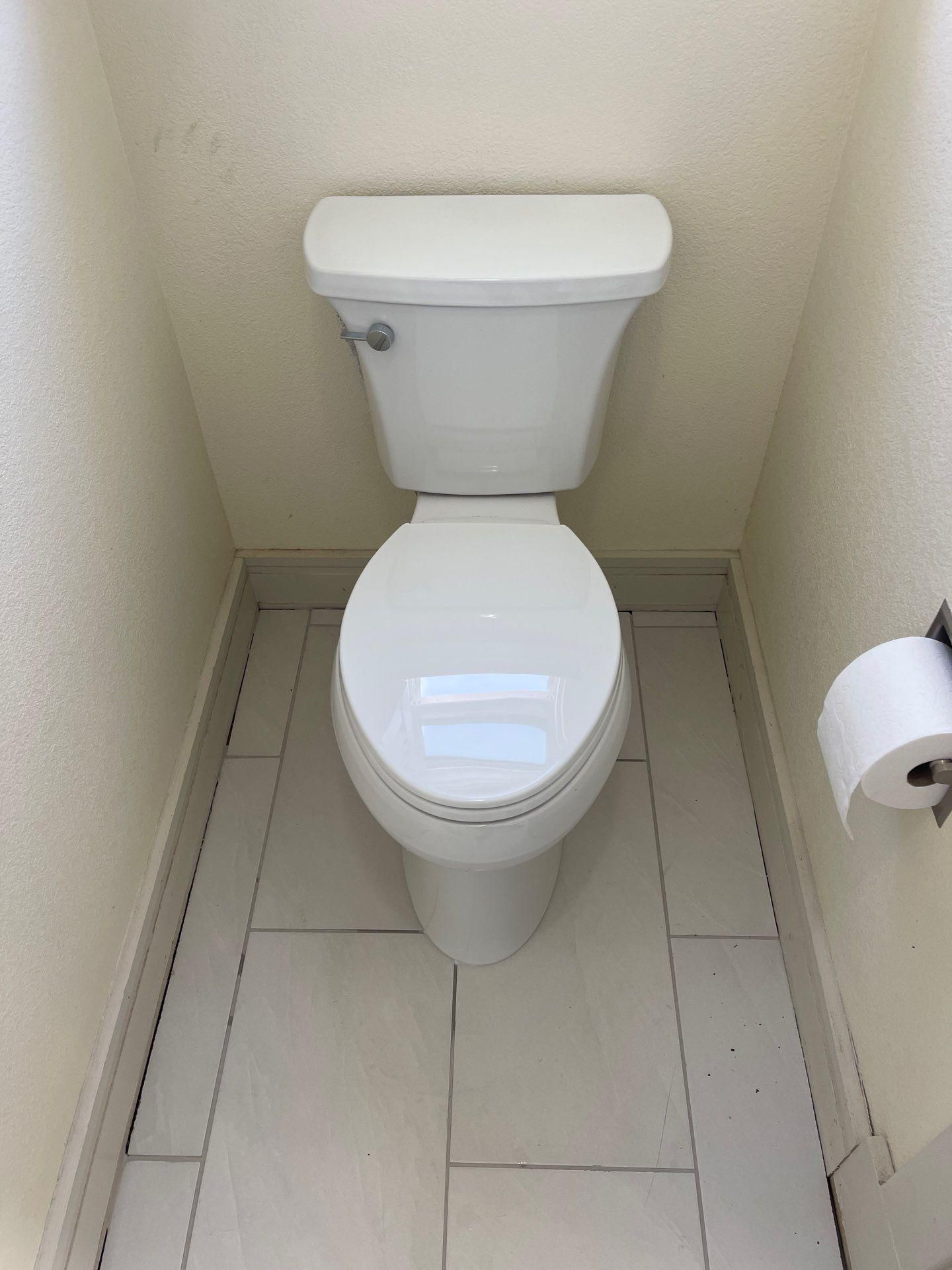 Small beige restroom with a white toilet and toilet paper roll on the right.