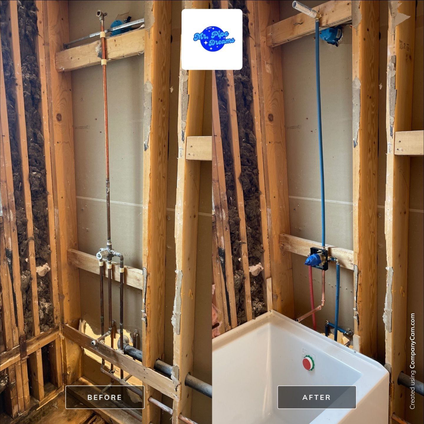 Before-and-after of an unfinished bathroom wall showing exposed studs and plumbing