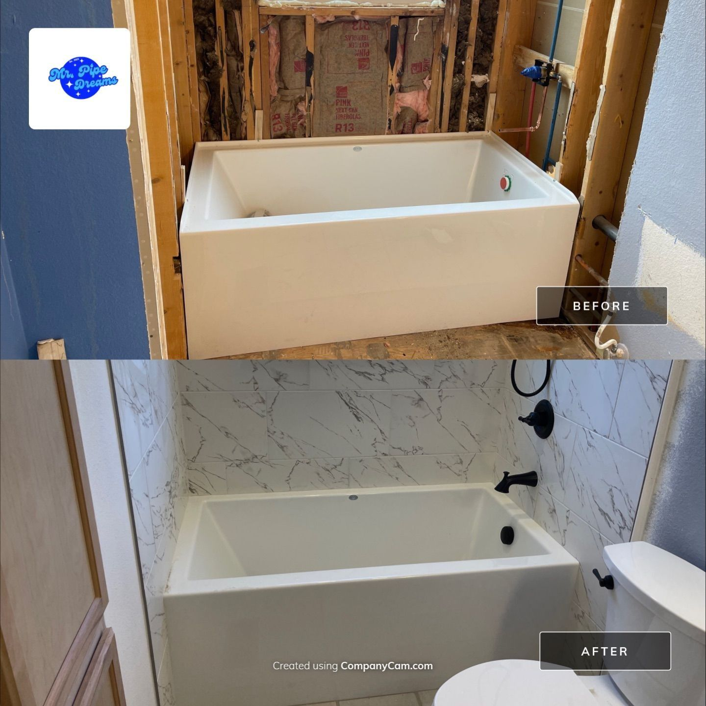 Bathroom remodel before-and-after: new white tub installed in a tiled shower surround.