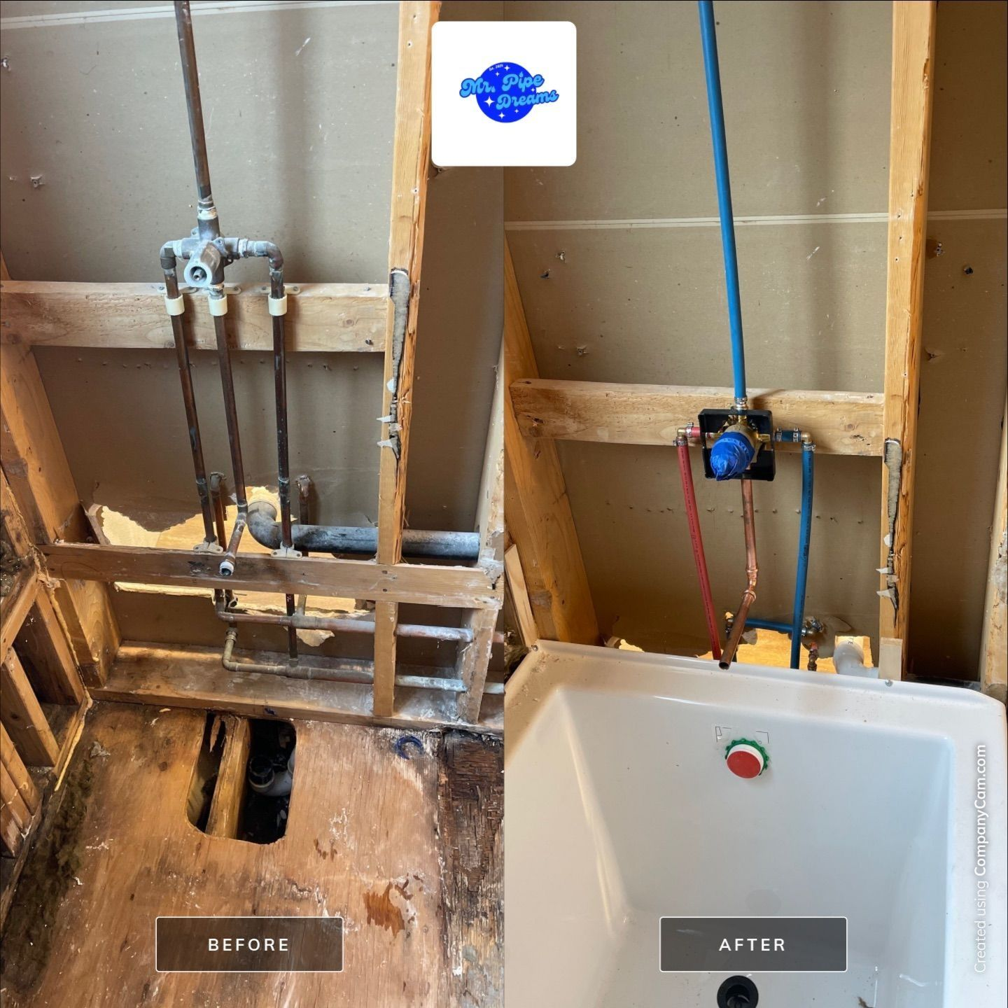 Bathroom wall plumbing before-and-after: exposed pipes replaced with a white sink and finished wall.