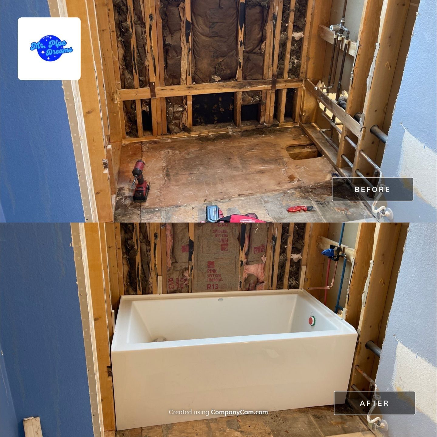 Bathroom remodel: before and after of a white bathtub installed in a framed, unfinished alcove.