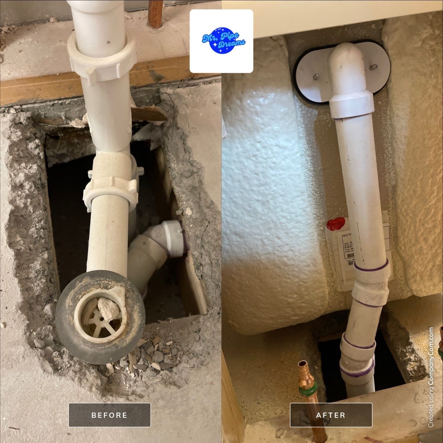 Before-and-after plumbing repair: exposed drain pipe under sink, damaged wall opening on left and repaired pipe on right.