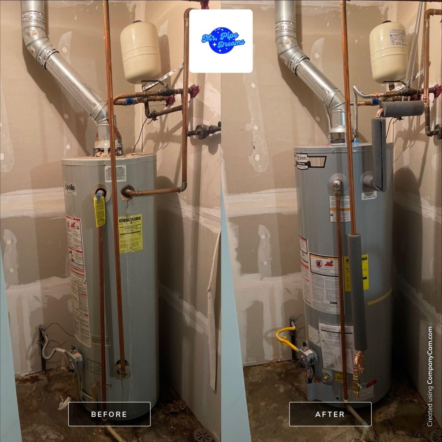 Before-and-after view of a water heater installation in a utility room, with new venting and piping.