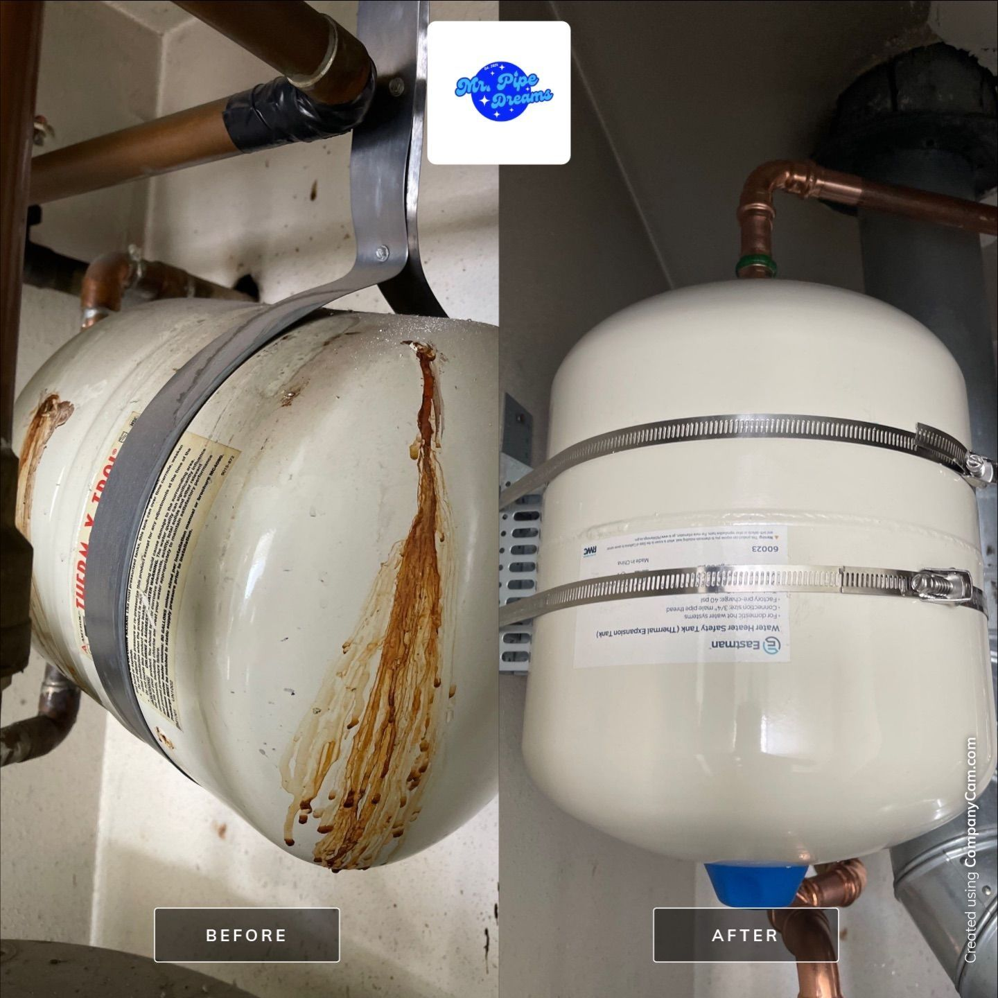 Before-and-after photo of a rust-stained white tank/pipe cleaned to a smooth white finish in a utility room.
