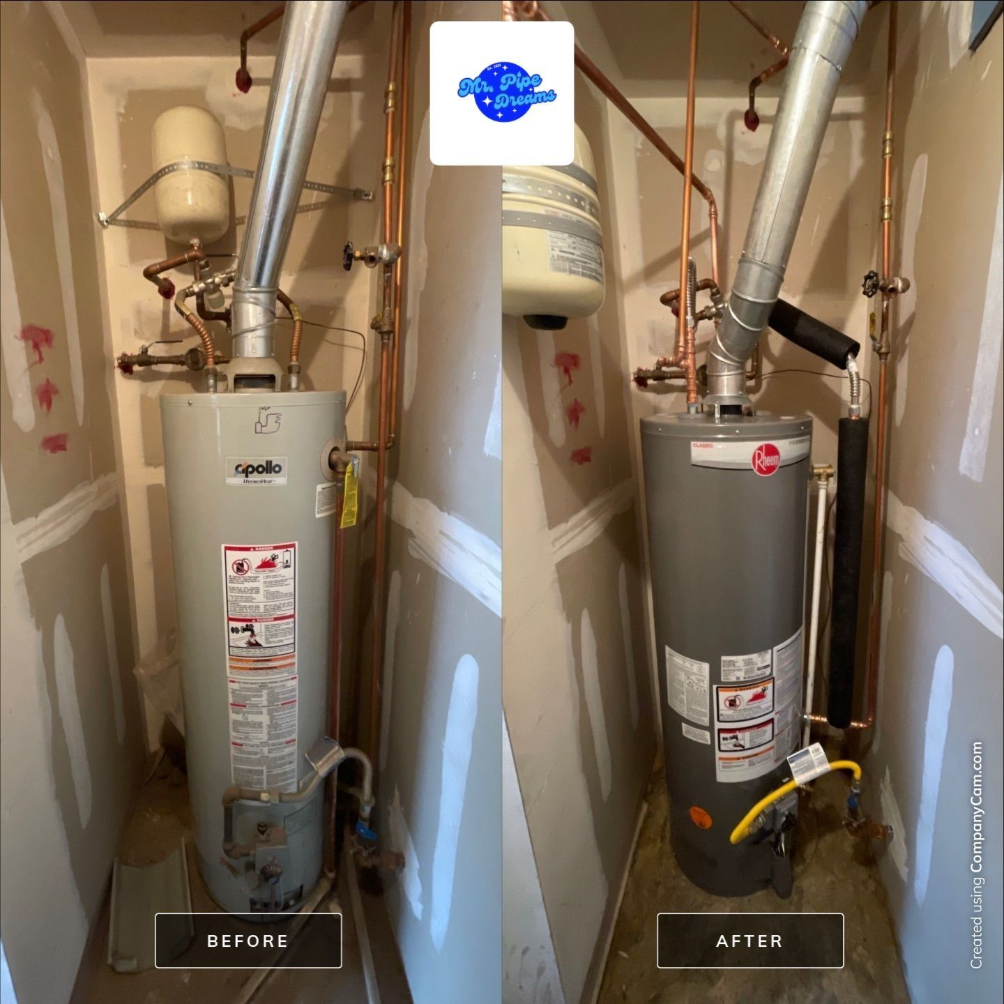 Side-by-side water heater closet labeled “before” and “after,” showing a new silver water heater installed.
