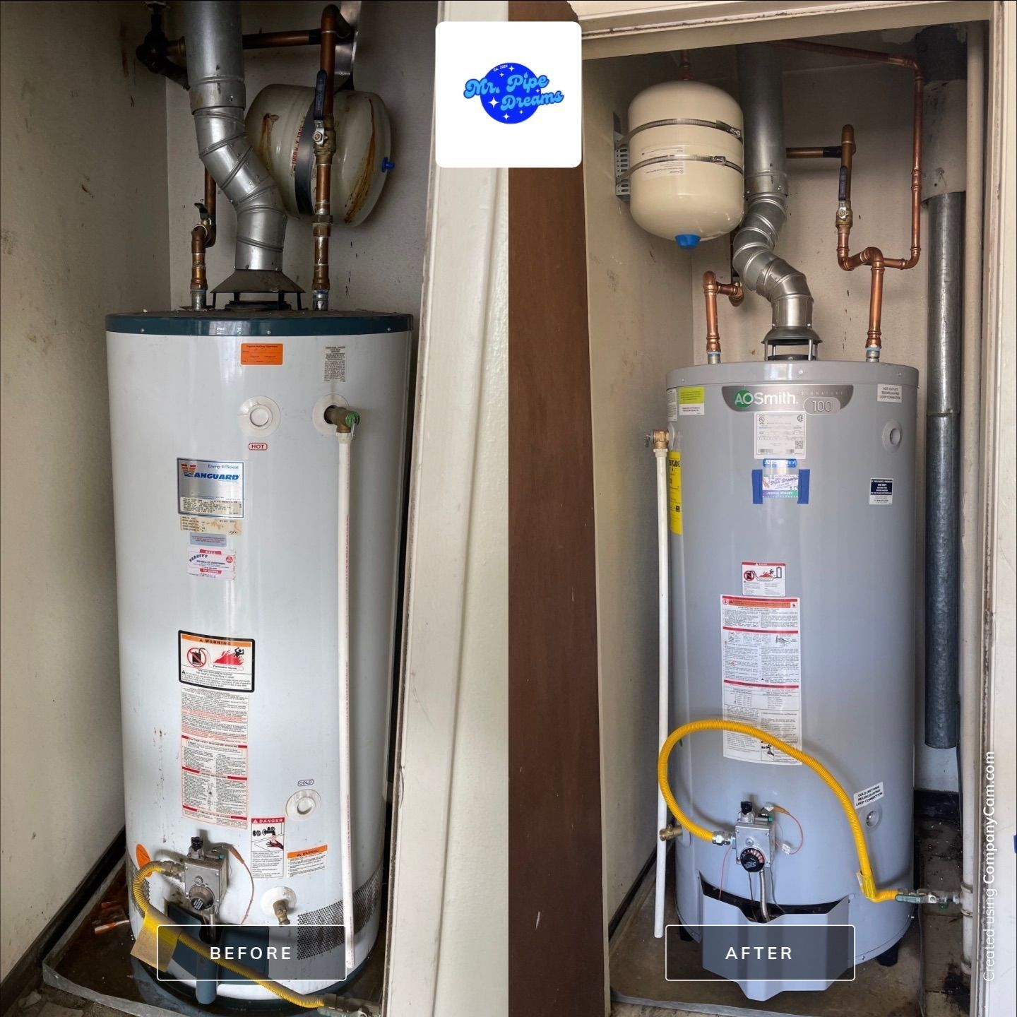 Side-by-side water heaters in a utility closet, labeled before and after, with visible pipes and venting.