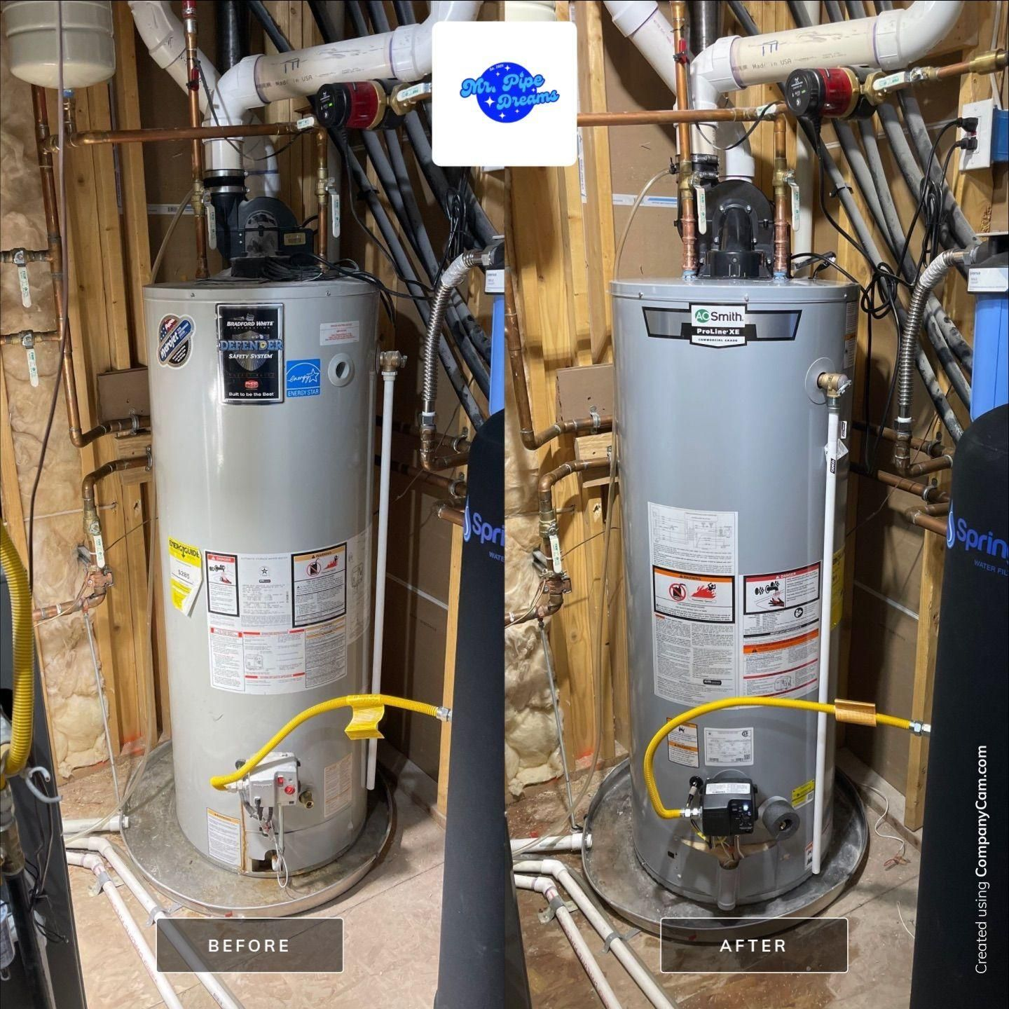 Before-and-after view of a water heater with a yellow safety valve/pipe highlighted in a basement utility area