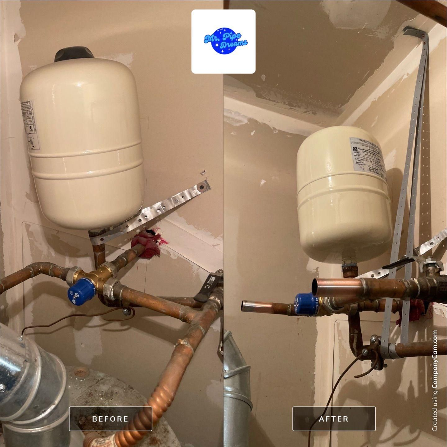 Before-and-after plumbing under a sink, showing a beige pressure tank and copper pipes with valve changes.