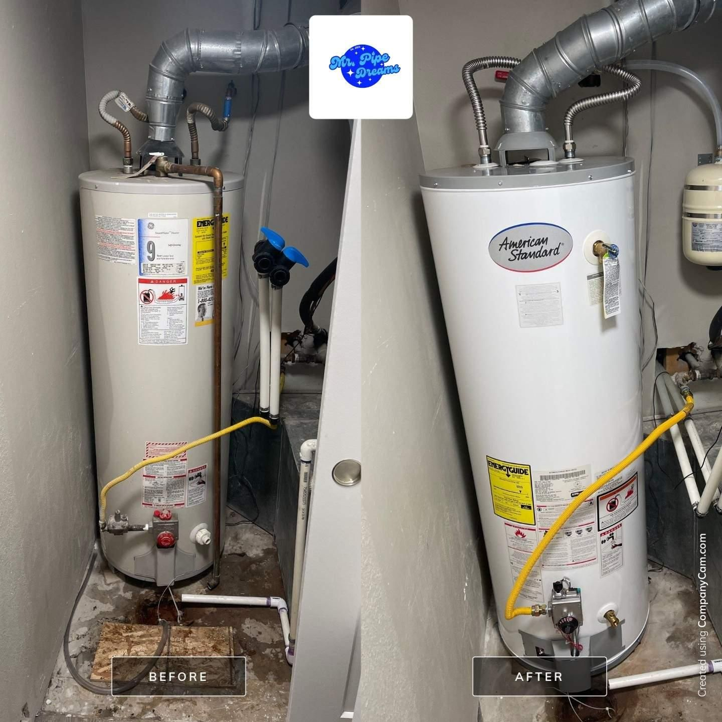 Before-and-after photo of a water heater installation, showing old tank on left and new tank on right.