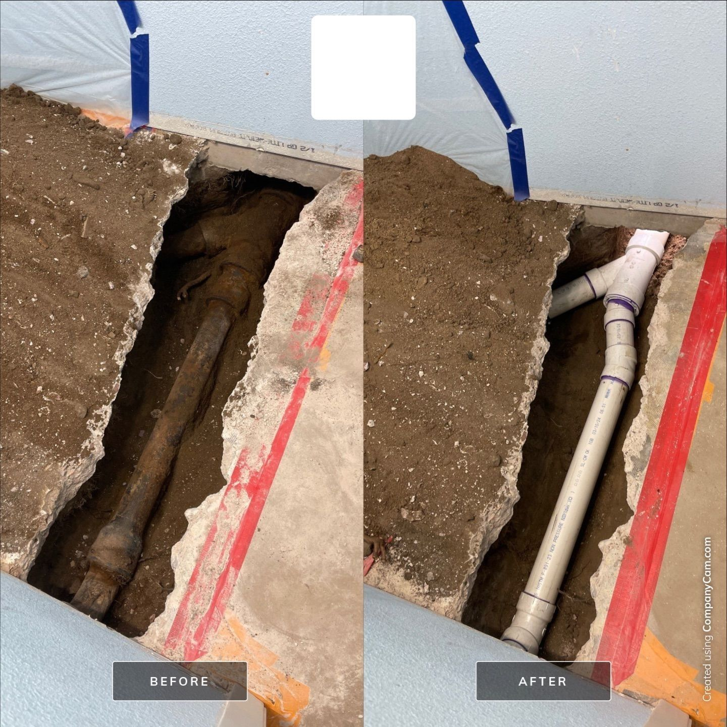 Before-and-after view of a floor excavation patch around exposed plumbing pipes and a repaired trench.