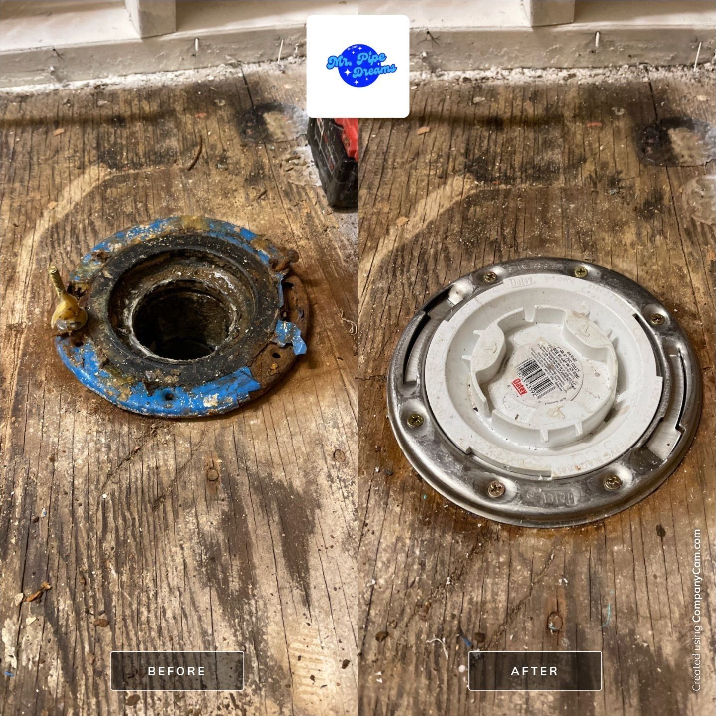 Before-and-after of a rusted drain opening replaced with a clean white cover in a sink basin