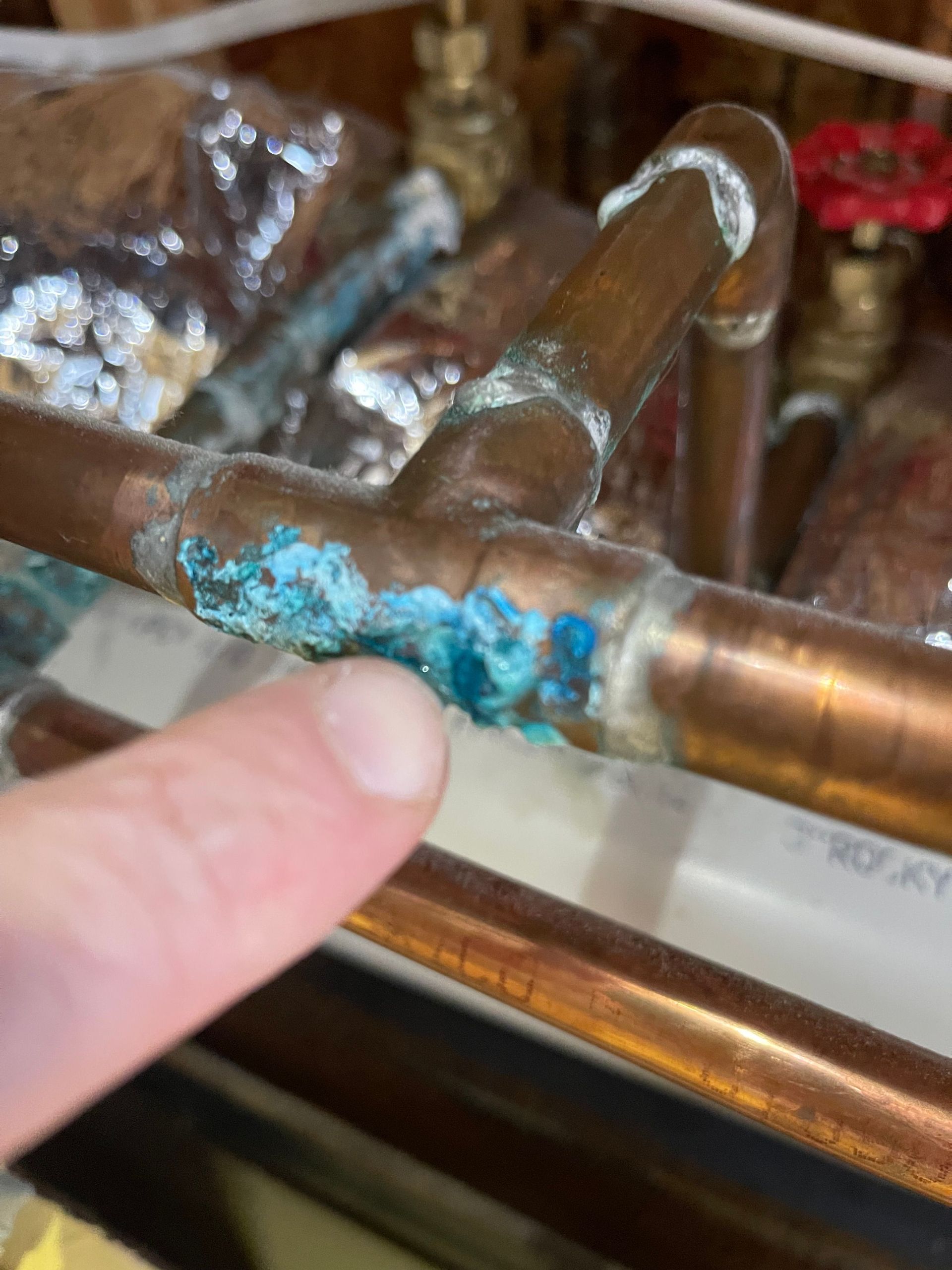 Blue-green corrosion on a copper pipe being pointed at by a finger