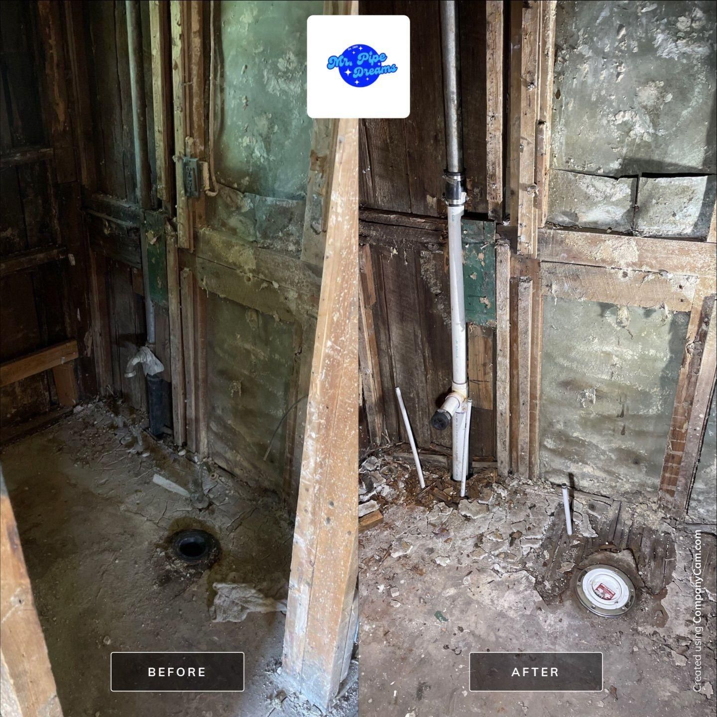 Before-and-after view of a damaged wall repair, showing exposed wood, pipes, and debris in a worn interior.