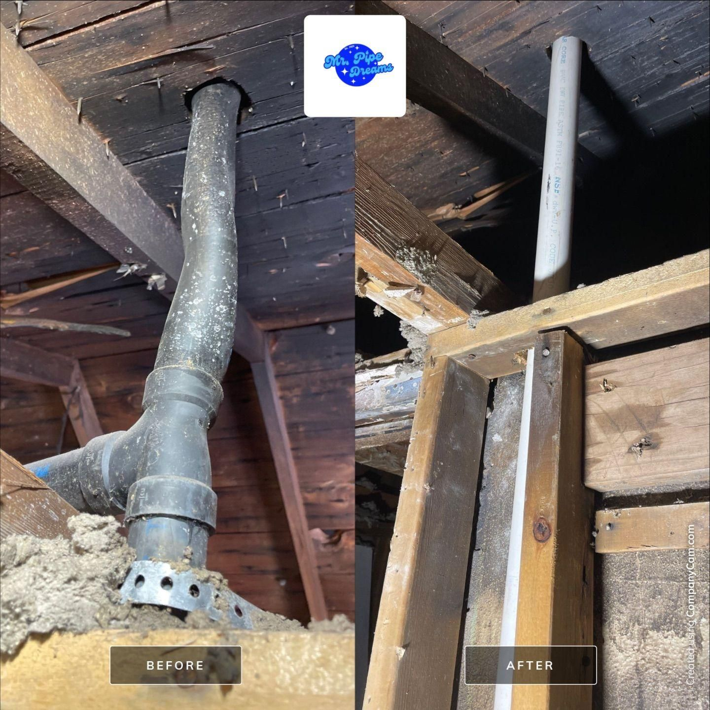Before-and-after view of a damaged basement ceiling with exposed vent pipe and repaired joists
