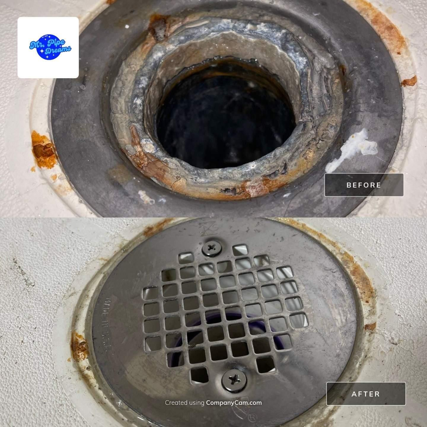 Two close-up views of a rusty drain opening and metal floor grate.