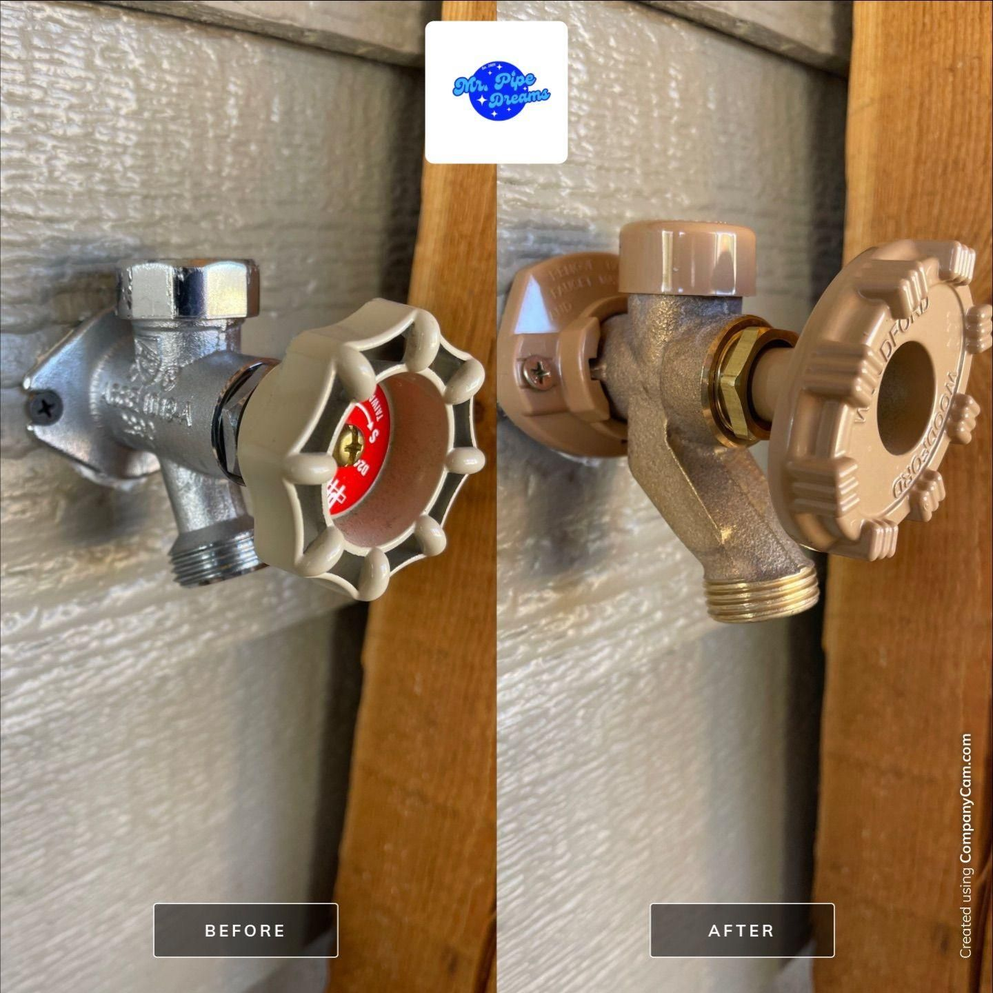Two water spigots before-and-after repair, showing gray old valve and copper replacement on a wooden wall