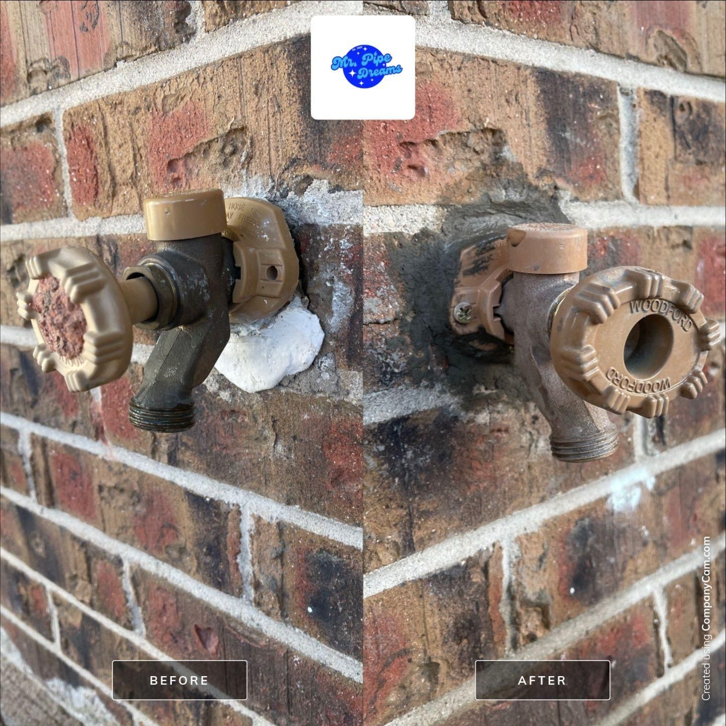 Before-and-after view of a brick wall faucet repair, showing rusted outdoor spigots and a cleaned area.
