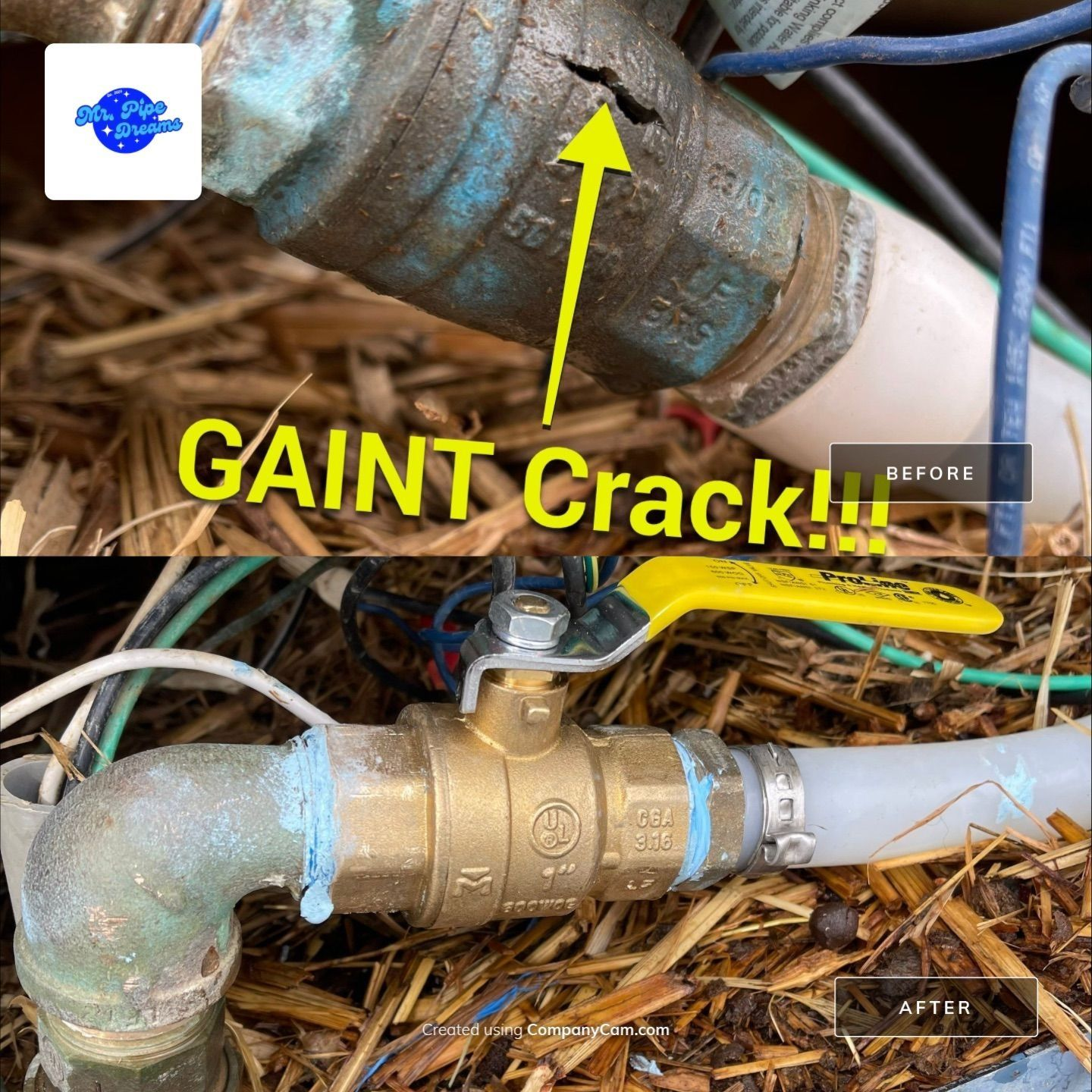 Close-up of a brass pipe valve and cracked fitting, with yellow arrow and “GAINT Crack!!” text.