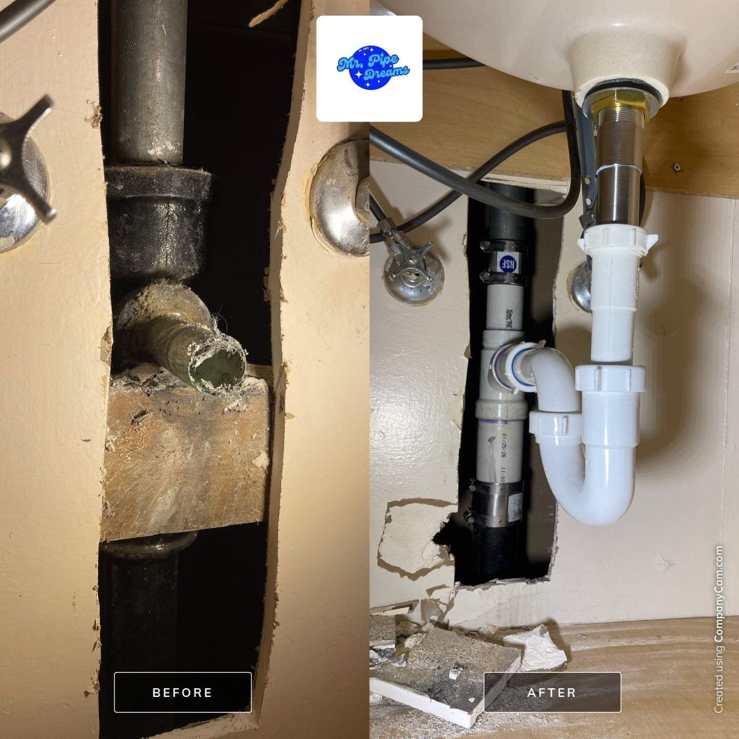 Before-and-after under-sink plumbing repair: corroded pipe replaced with new white drain assembly.