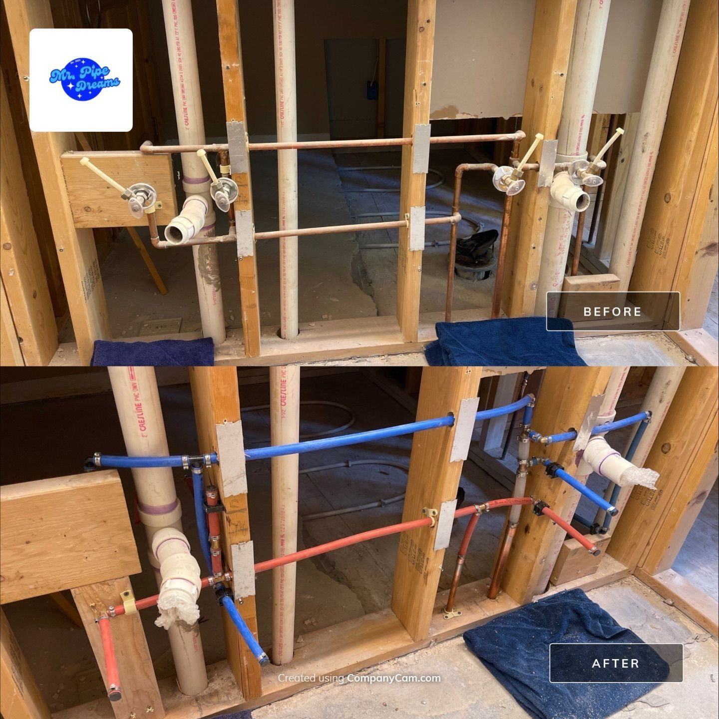 Before-and-after view of wall plumbing rough-in with white PVC pipes, blue/red PEX lines, and wooden studs.