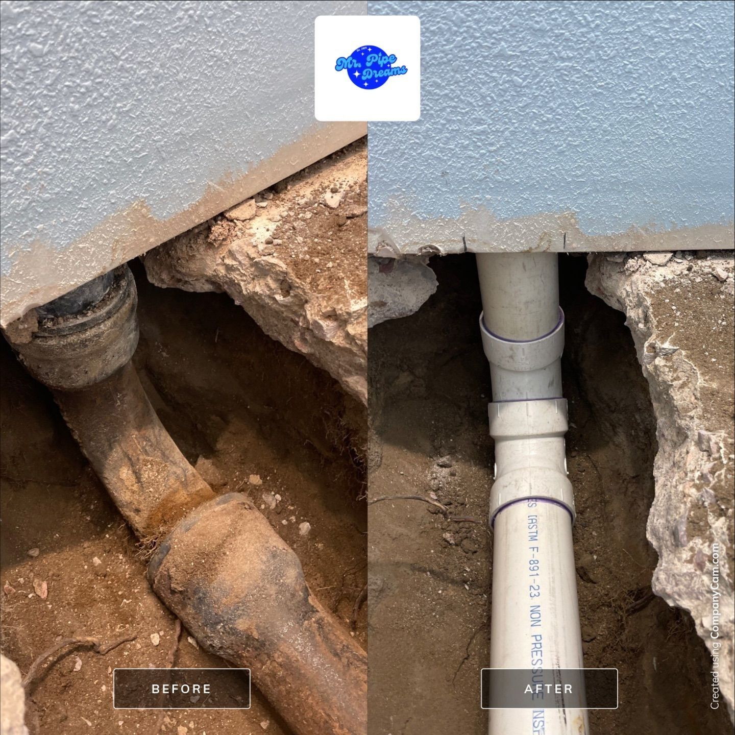 Damaged concrete floor exposing broken pipes and an open dirt cavity underneath.