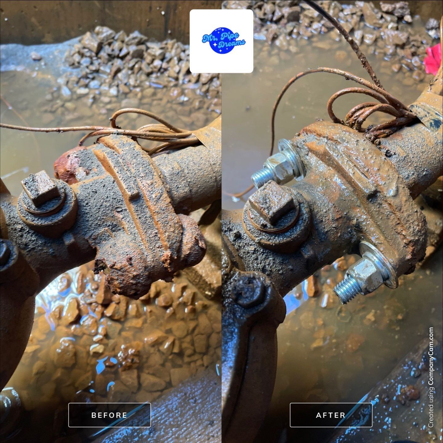 Corroded pipe valve before and after rust removal in muddy water, split-screen comparison