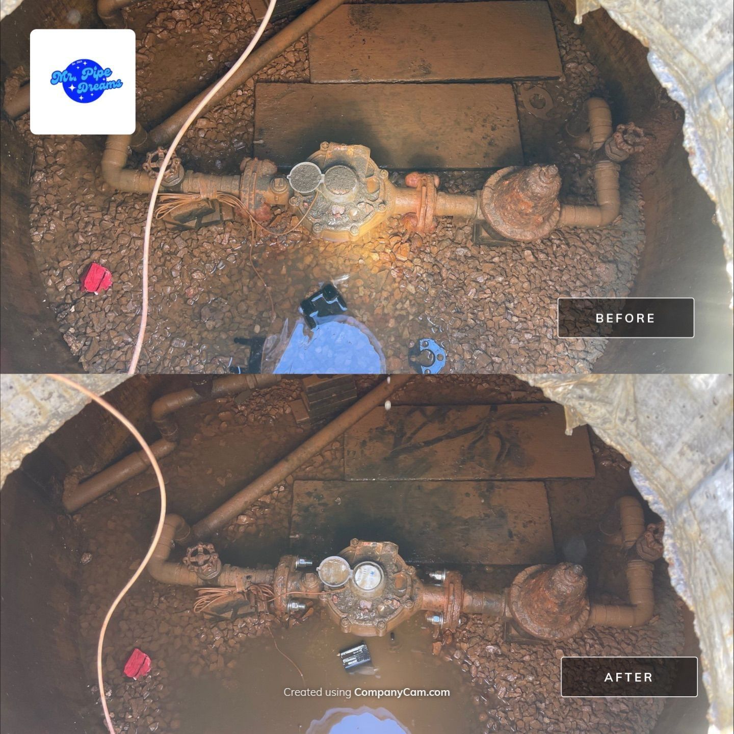 Before-and-after view of a muddy pipe and valve assembly being cleaned in an outdoor pit.