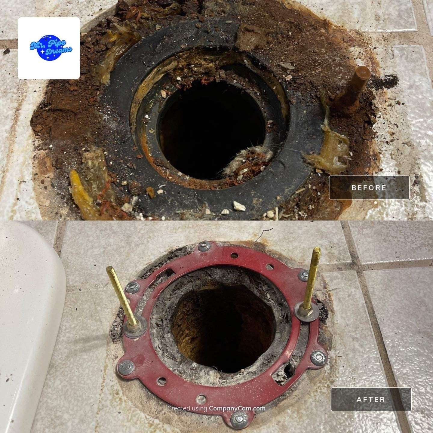 Before-and-after view of a corroded pipe opening, with a rusted flange replaced by a red gasketed flange.