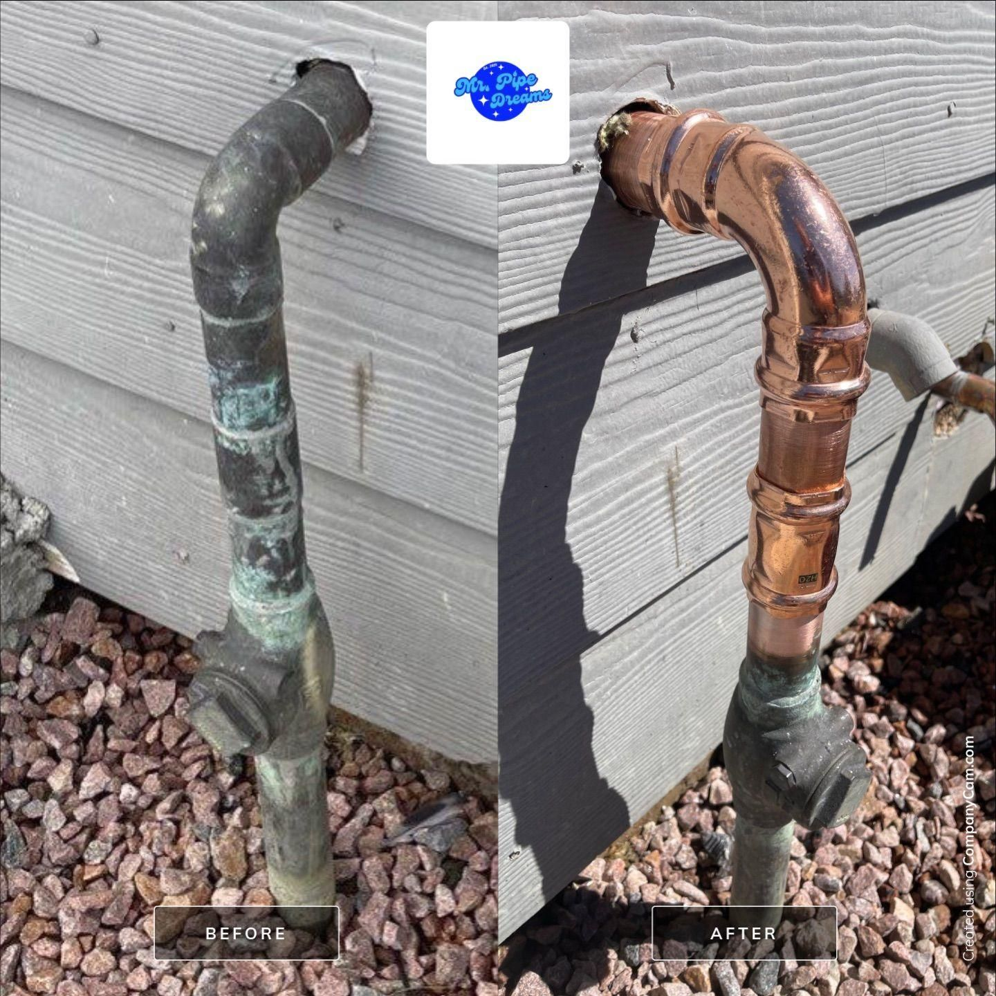 Two vertical copper pipes beside a house wall, with labels comparing corrosion/condition.