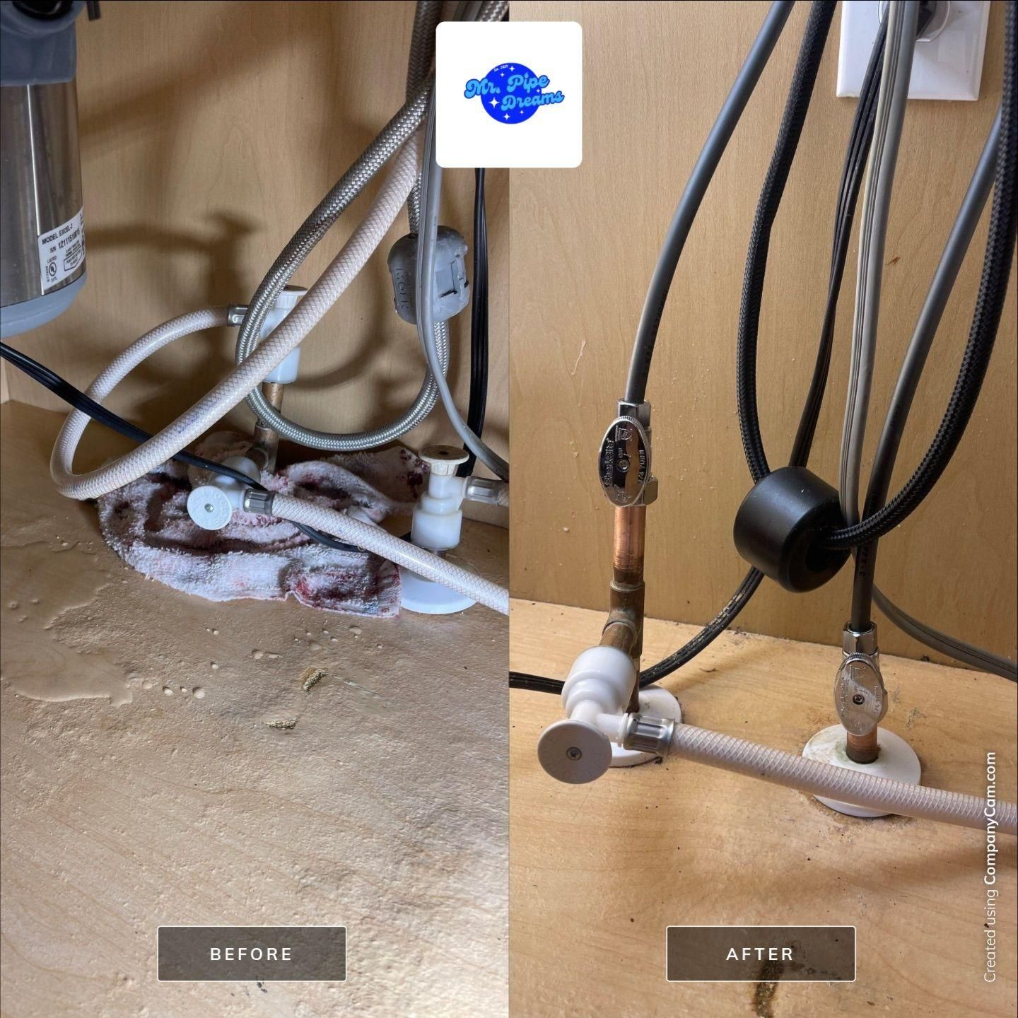 Under-sink plumbing with leak damage before and after repair, showing wet floor and fixed pipes.