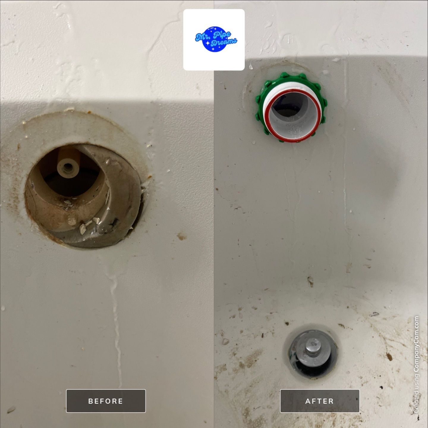 Bathroom sink drain and faucet hole marked before and after, showing a cleaned fixture with green sealant.