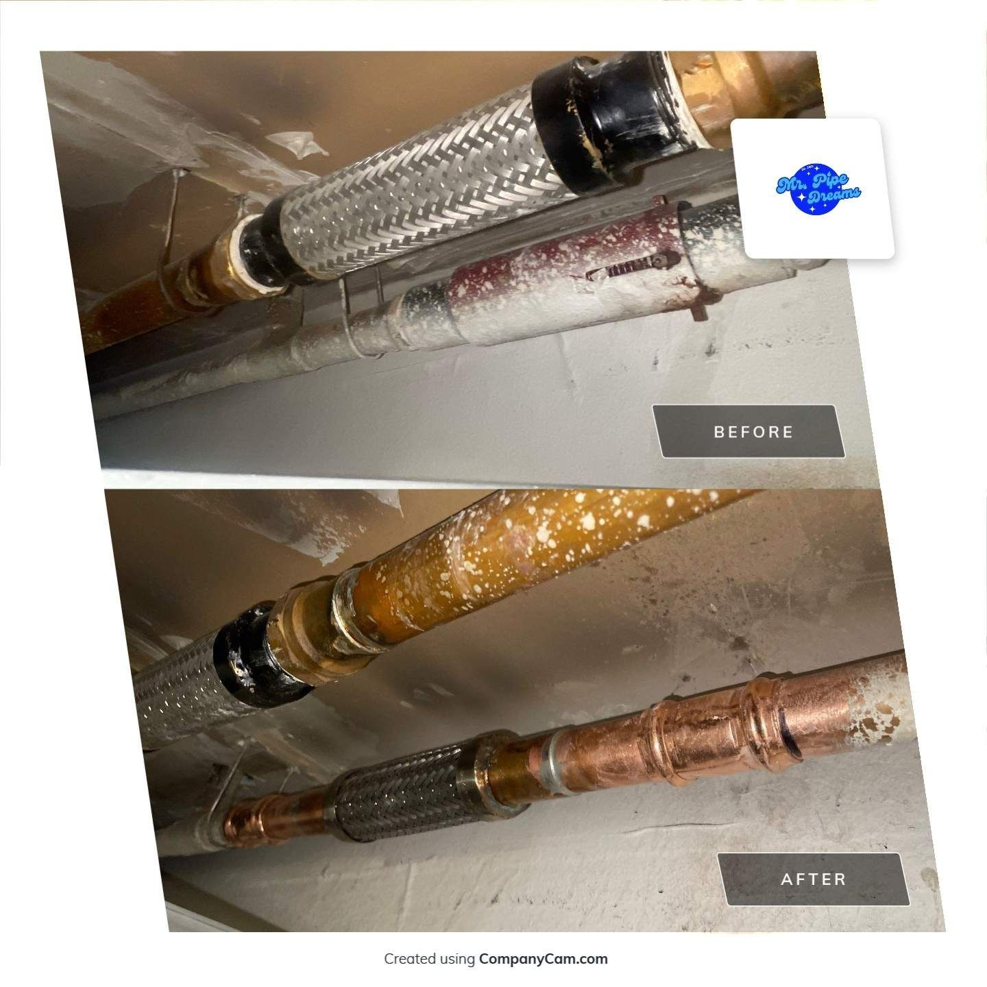 Corroded metal pipes before and after cleaning, with heavy rust removed in the bottom image