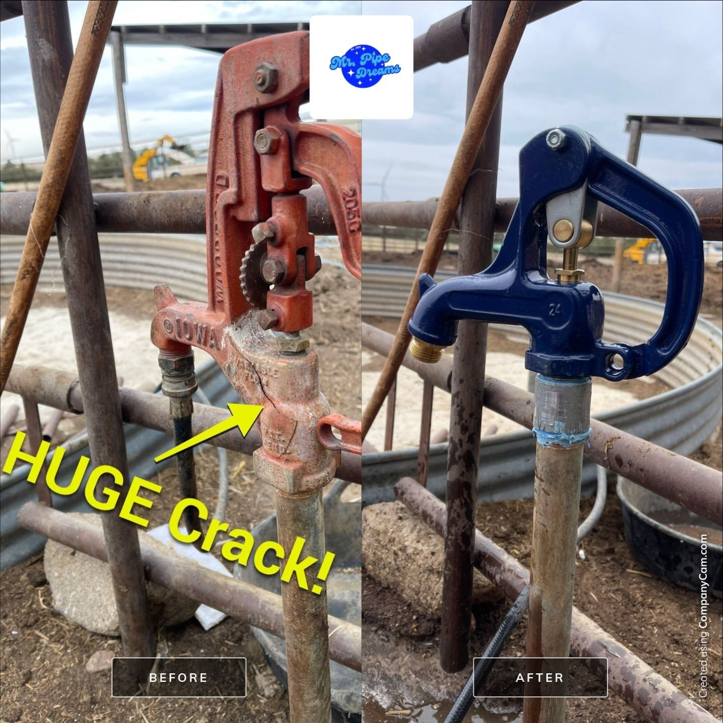 Rusty pipe clamp before-and-after repair, with “HUGE Crack!” highlighting the damaged section.