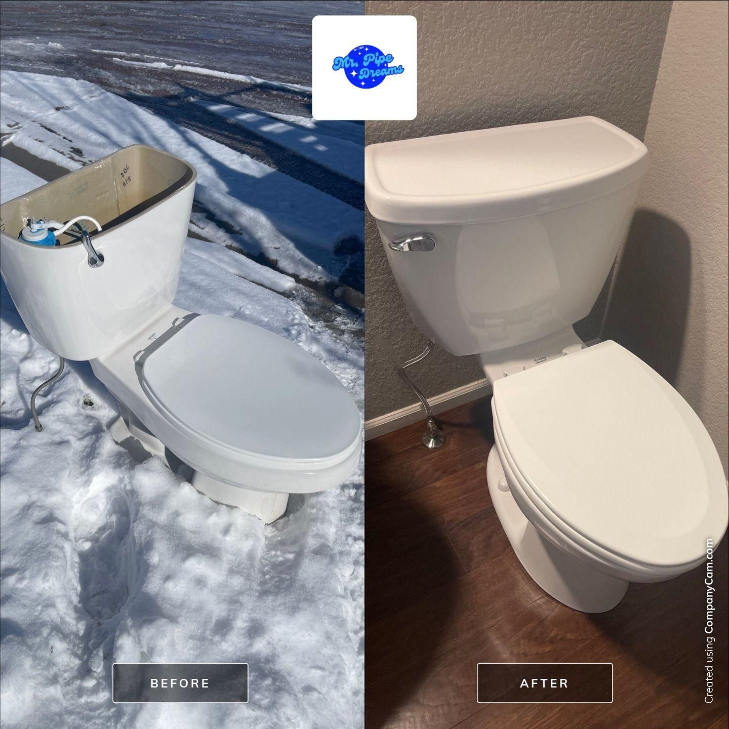 Bathroom toilet before-and-after: snow-covered outdoor toilet replaced with a white indoor toilet beside a wall.