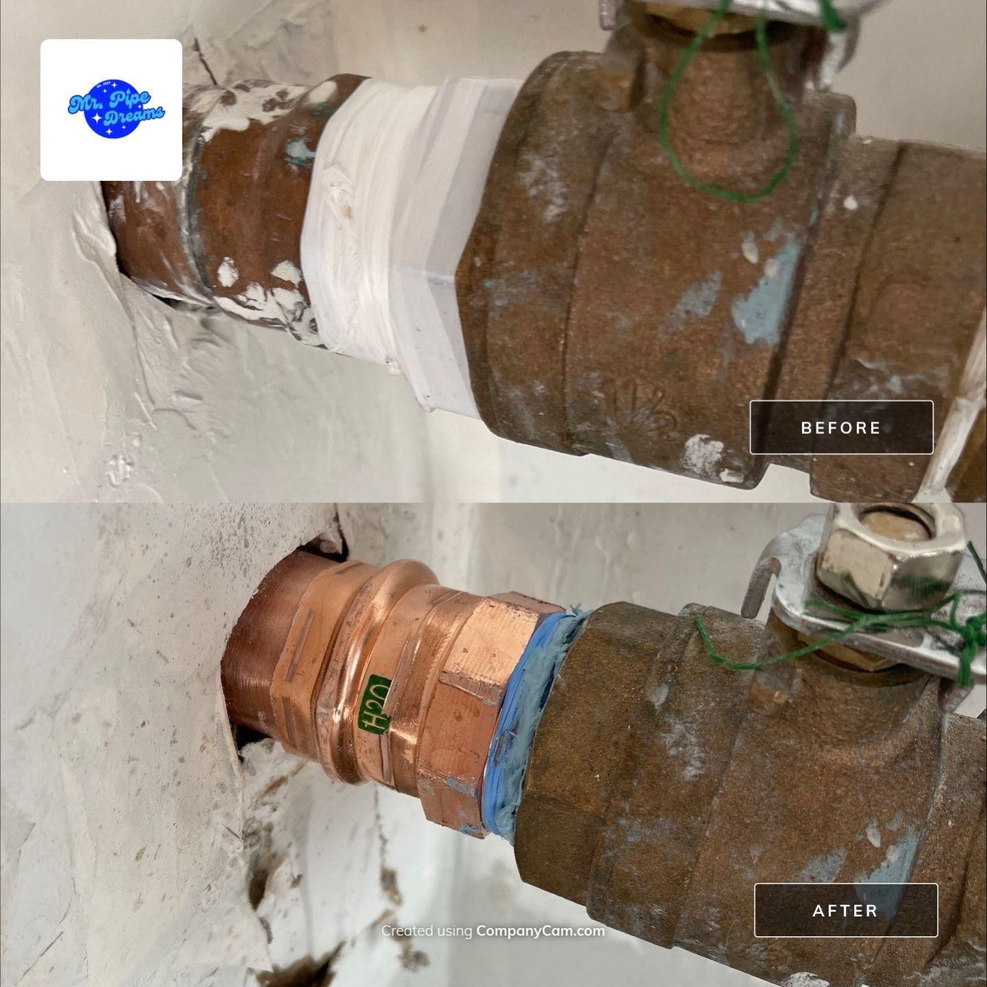 Before-and-after of a rusted pipe repair, showing wrapped white tape and a copper fitting on a wall.