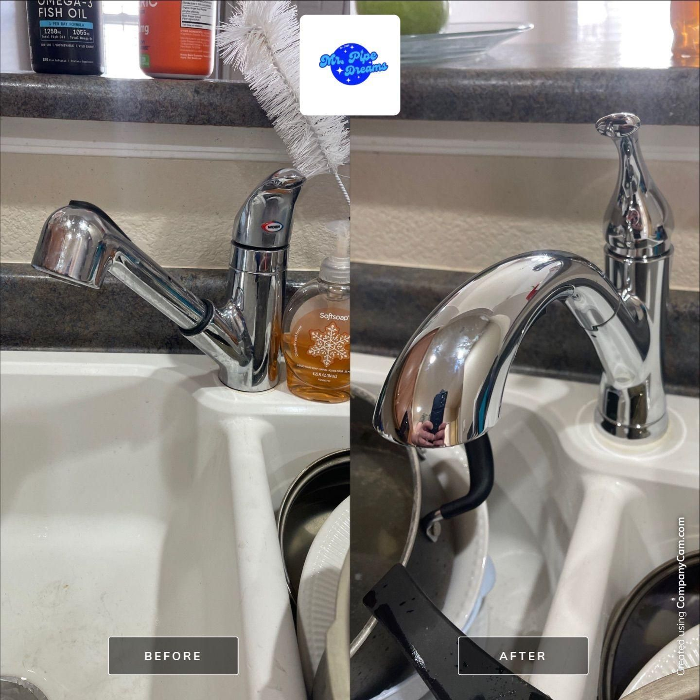 Kitchen sink with two faucets, showing a before-and-after comparison of a sink attachment installation.