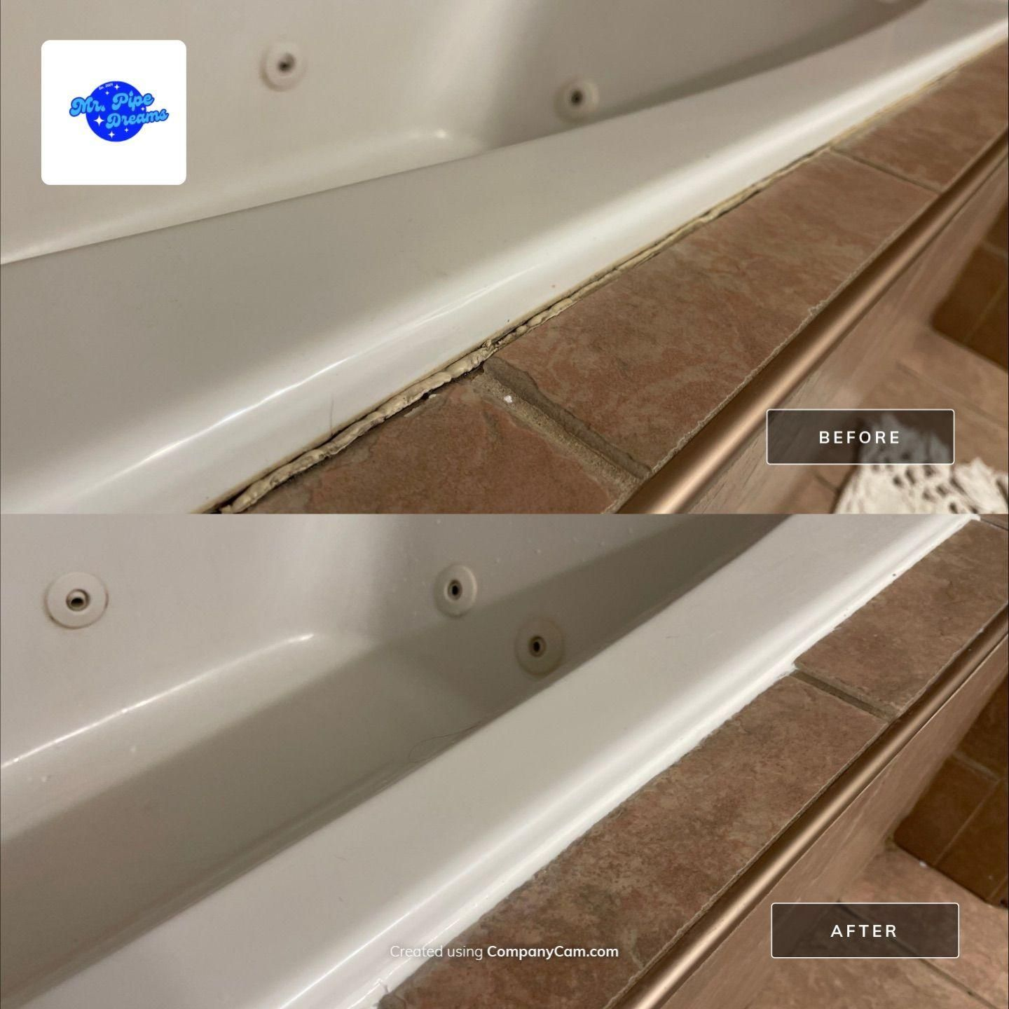 Bathtub and tile grout before-and-after: dark moldy seam cleaned to bright white.