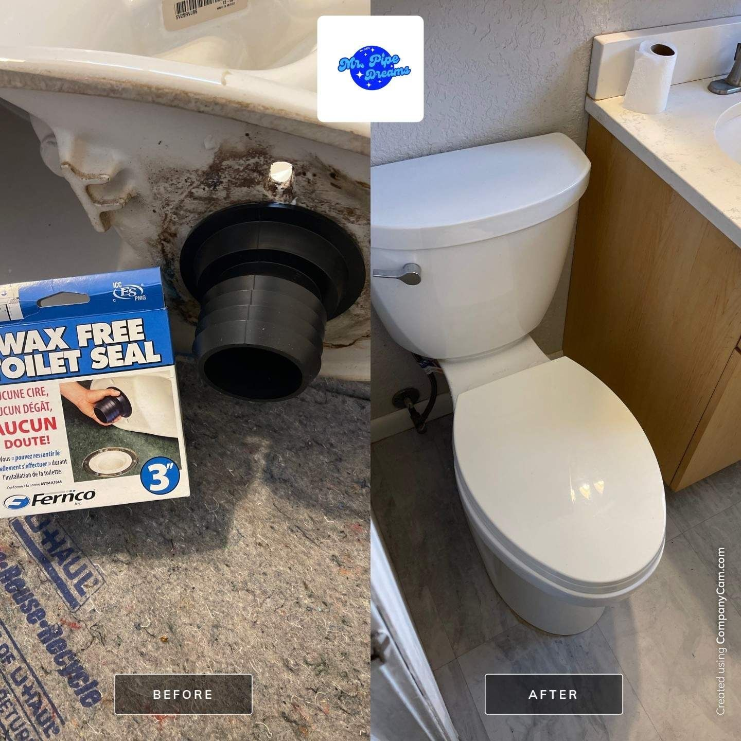 Bathroom toilet with a black drain pipe and a wax-free toilet seal box beside it; before-and-after labels.
