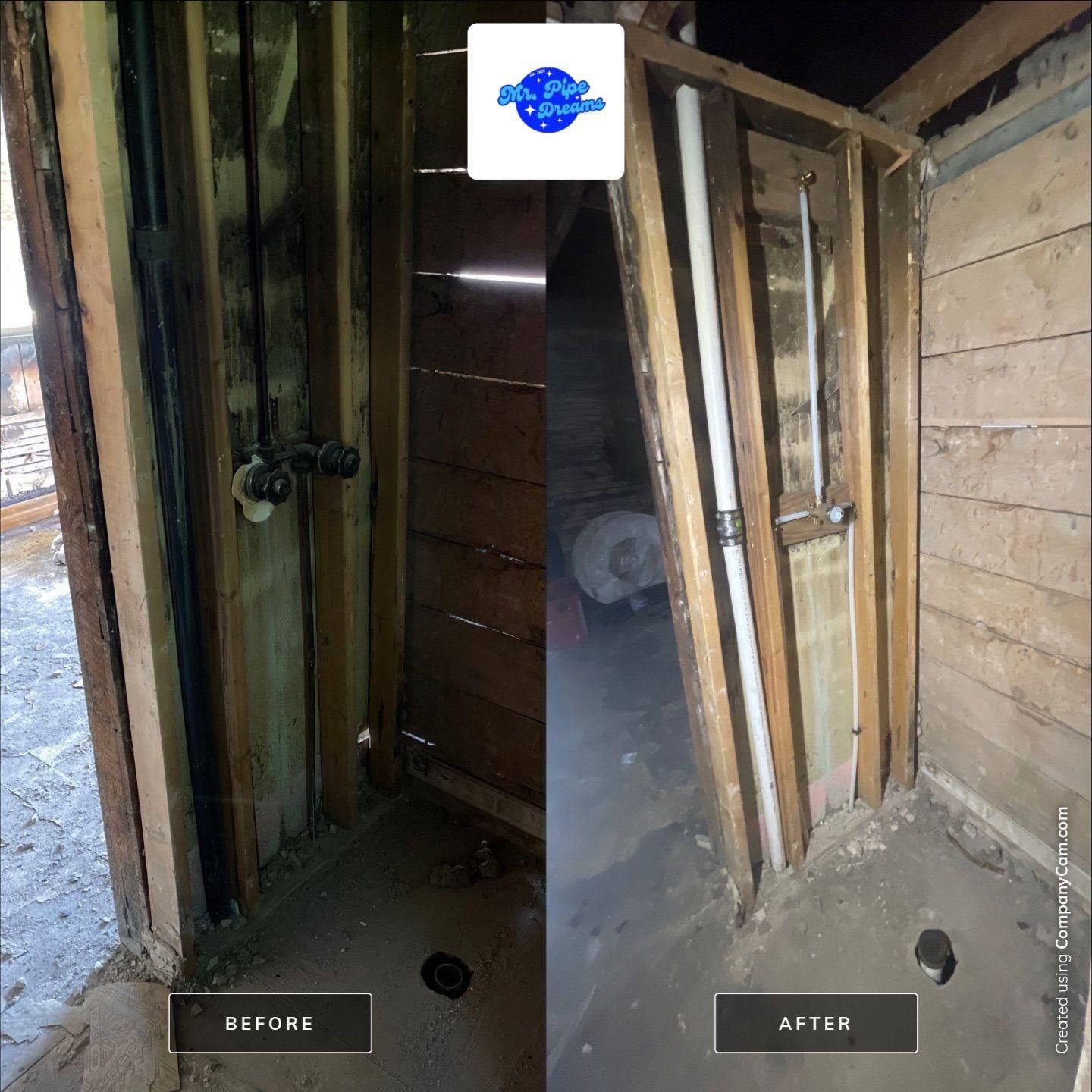 Before-and-after view of a damaged wooden doorway inside a dim room, with repaired framing on the right.